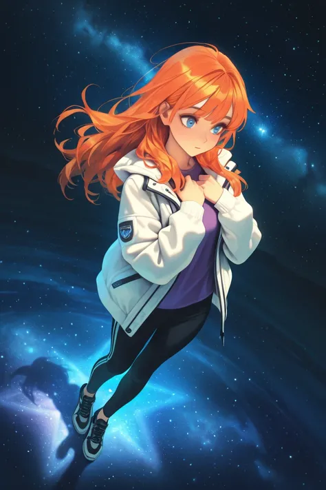  masterpiece,  High resolution, HD model, 1 girl, orange hair,  tuft of blue hair, long hair, blue eyes, bright eyes, calm, hands on chest, white jacket, open jacket, purple shirt, image of stars, black pants, starry sky , many stars,  Dutch angle, full bo...