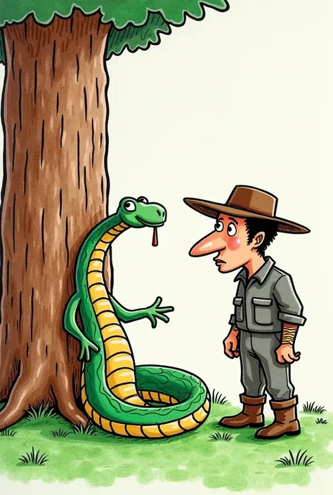 cartoon made with crayons of a snake crushed by a trunk and of a man in a jumpsuit, hat and boots that talk to the same snake 