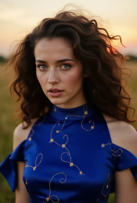 half-length portrait of a shy Irish model, shyly surprised, with pale skin, thin lips without lipstick, large blue-green eyes, long curly black hair, wearing an elegant high-necked dress of cobalt blue silk finely embroidered in gold, on a naturalistic bac...