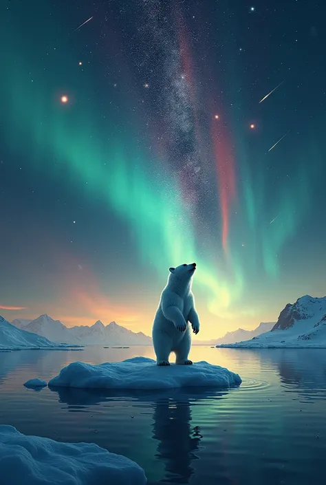  a  polar bear looking up at the sky on a small ice floe floating all over the ocean:1.5、(A sky full of stars、A huge and mysterious aurora shining all over the red, yellow, and yellow-green sky :1.5、Huge shooting stars 、milky way、 red, yellow, and yellow-g...