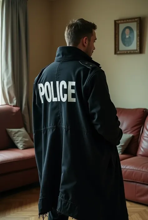  there is a man standing in a room with a couch and a chair,  shot of Robert Zünd , reddit, the nabis, outfit: cop ,  full body camera ,  Portant un uniforme de POLICE , POLICE officiate,  worn and damaged coat worn all over the body ,  worn and torn cloak...