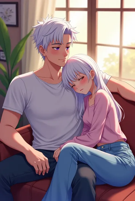 Boy, about or more than 20 years,  slightly taller than two (2) meters, white hair,square, purple eyes, pumped up, and a girl, 19 years old, just under two (2) meters,  white long hair,  purple eyes,  in pastel longsleeve and buggy jeans, , both sit close ...