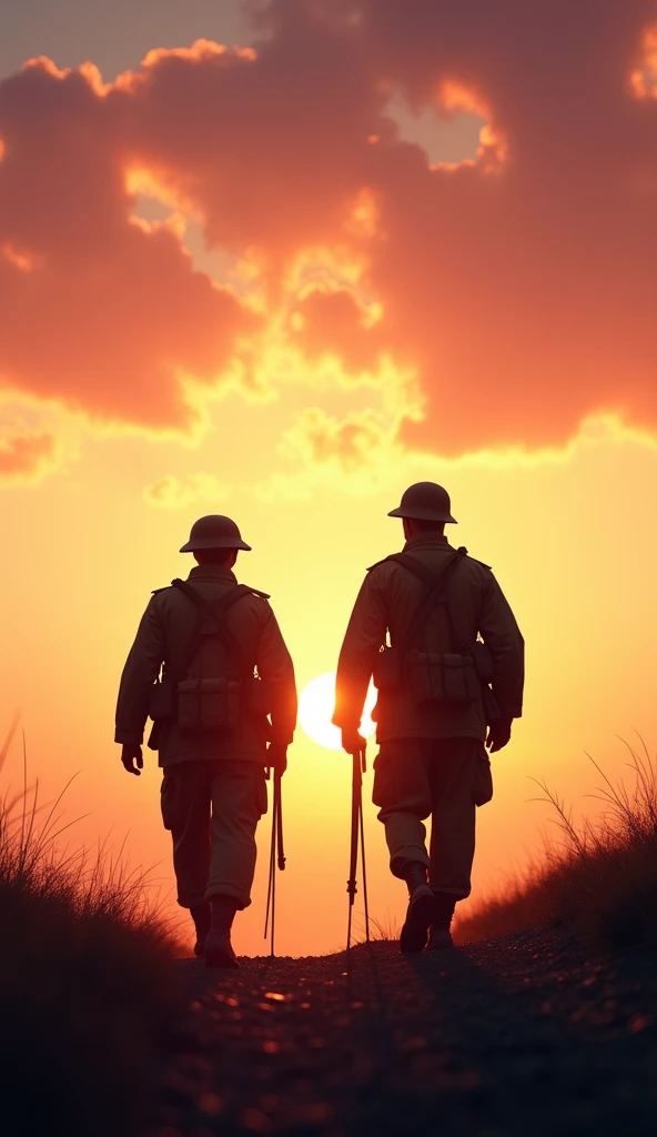 " An artistic vision showing two soldiers — a British and a German — walking in opposite directions on the horizon,  both with silhouettes highlighted by the sunset . The sky is painted with shades of orange and pink ,  representing the contrast between wa...