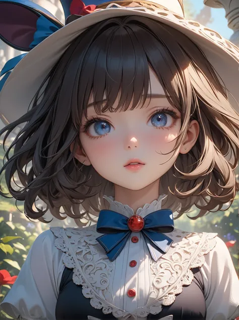 頭から膝まで映すショット、1 girl, masterpiece, highest quality, 8k, fine skin texture, fine cloth texture, beautiful detailed face, intricate details, Super detailed, alice in wonderland,  Upper body