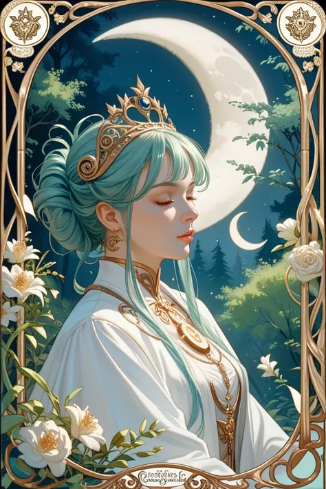 21 yo woman, The Moon Goddess, White robes embroidered with  gold thread, symbolism representing Moon worship, tiara, crescent moon, godly glow, forest, moonlight, art nouveau, pre-raphaelite