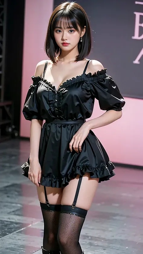 (8k、  RAW Photos from the Last Century 、 best quality、masterpiece:1.2)、(Realistic、Realistic)、1 person((Black and Pink、silk off-the-shoulder、 see-through 、Frills、ribbon、 plaid miniskirt 、 Big Breasts 、 Thin legs、 Accessories、 cleavage、 garter belt、 boots 、 ...