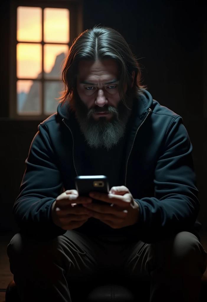 Sad Bearded mountain man hooded sitting in lonely dark room hold in his hands a mobile , thinking in his woman, 3D effect ultra-detailed intricate insanely full HD, cgsociety contest winner, artstation quality intense gaze, expressive eyes, depth of field,...