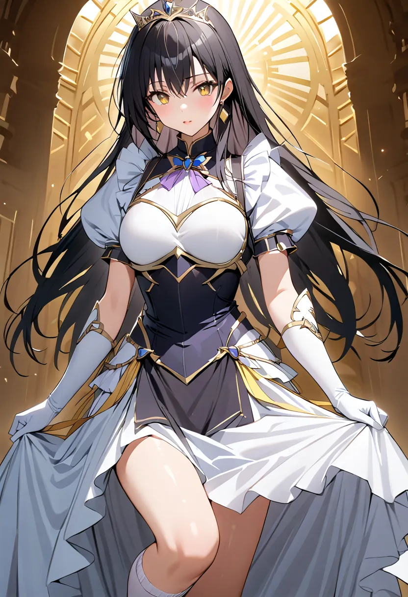 ((masterpiece)),  best quality,  beautiful adult woman,  Very detailed,( one woman),Yui Kotegawa,  yellow eyes, Long Hair,  black hair, Black and white dress, (( white knee socks like Arcelle )), Gloves,  jewelry,  clevis,  princess your toddler, elbow Glo...