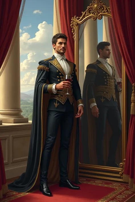 A photo of Calisto , a man (Of the Celestina )  looking in the mirror with a confident smile ,  posing with an attitude of power ,  with a glass of wine in his hand and a background of a luxurious balcony or an elegant room, In the Renaissance style  