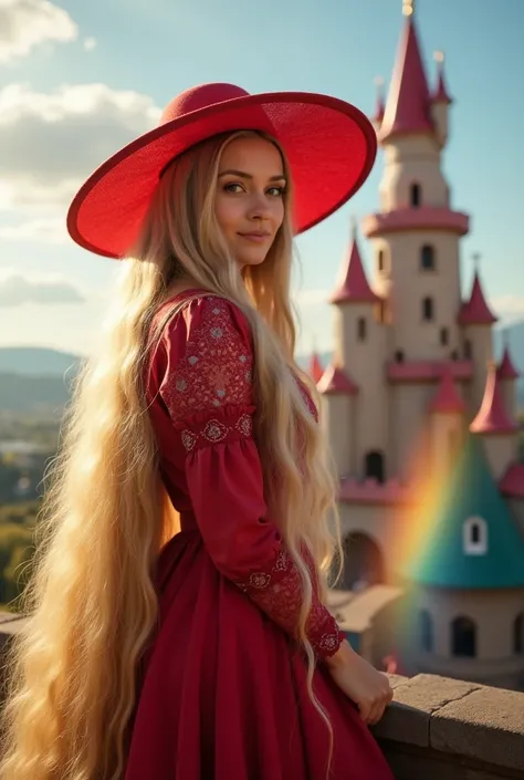  A woman with very long blond hair that almost reaches the ground ,  dressed like the princess Rapunzel from the fairy tales a red dress with lace on her arms, on her head she wears an elegant large red hat , She is looking forward,  looking directly at th...