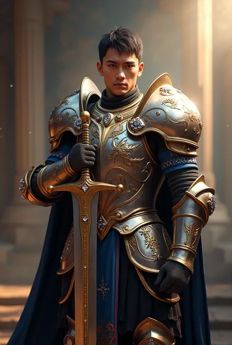 A short quiff Black haired male with a proud look in his eyes with a great sword, concept art by Yang J, Artstation contest winner, fantasy art, hyperdetailed fantasy character, 3 d render character art 8 k, epic exquisite character art, strong fantasy kni...