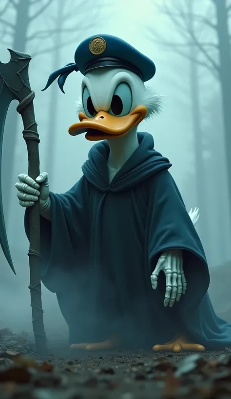 An ultra-realistic dark fusion of Donald Duck and a spectral Death spirit. The hybrid character combines Donalds signature sailor hat and beak with glowing hollow eyes and a translucent, ghostly form. His body is wrapped in swirling, ethereal robes that bl...