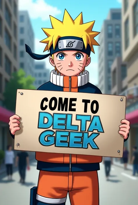 Naruto holding a sign asking me to come to DELTA GEEK