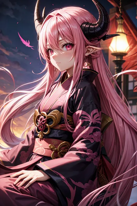 Pink long hair, pink right eye, red left eye, black dragon horns, wearing pink kimono, black dragon tail, black outer dragon wing, light pink inner dragon wing