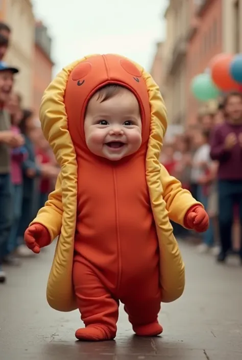 A baby parading dressed as the character Sausage 