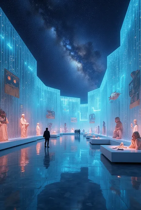  An ethereal museum floating in a surreal landscape ,  with walls made of translucent glass and brilliant constellations . Inside,  the exhibits show constantly changing holograms ,  abstract sculptures and paintings that are transformed into dreamlike sce...