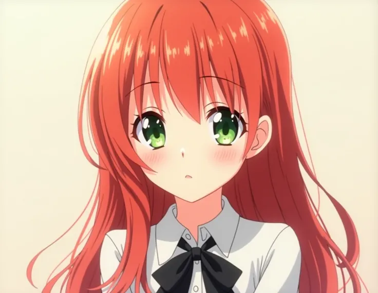 A girl, anime, long red hair, redhead, green eyes, fair skin, pretty, anime , white shirt, black bow tie around the neck. 