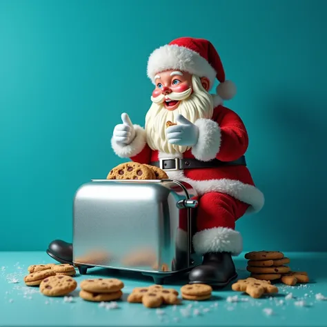 Santa sitting on toaster and eating tiny sized Christmas cookies which is too small. Give it a blue background wall and look realistic 