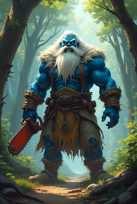 a white bearded, muscular, smurffather holding a chainsaw with the forest in the background