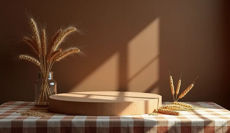 Create a left-angled podium with a dark brown background and a plaid pattern on the tablecloth and add a few plants and oat seeds as well as oat branches next to it.. Add a little light from a corner of the window 