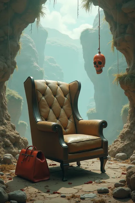 Create a surrealism image with an Armchair and a Bag 