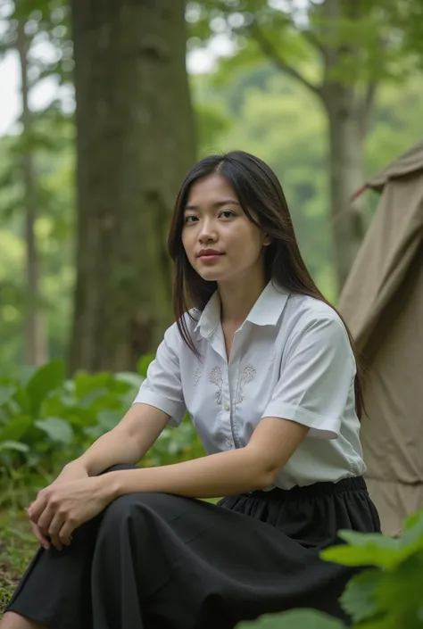 a beautiful Thai woman wearing a Thai university uniform, a white shirt and a black A-line skirt, sitting in a pose in front of a camping tent in a primeval forest, photorealistic, detailed portrait, detailed clothing, highly detailed, intricate details, n...