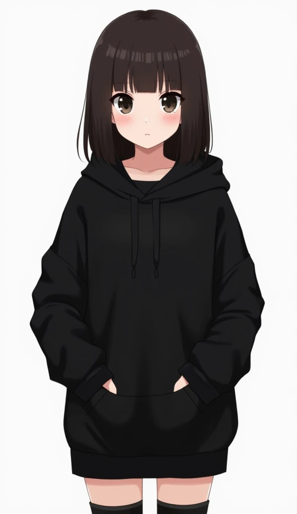 This individual appears to be a young girl with straight, dark brown shoulder-length hair that has bangs framing her face. Her eyes are large, expressive, and dark, giving her a youthful and curious expression. She is dressed in an oversized black hoodie w...