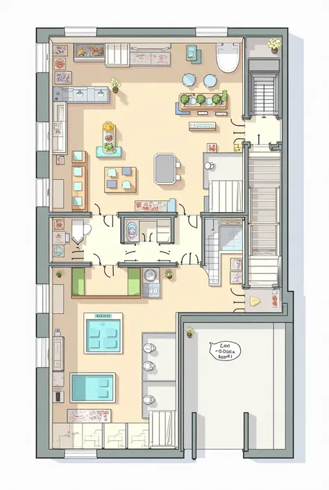 create a floor plan consist of food park, convenience store, electrical room, restroom, hallway, elevator access, and stair access to second floor