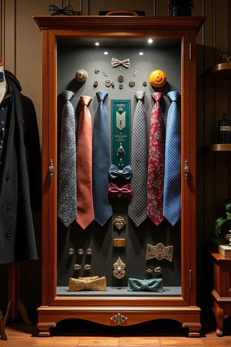 a glass cupboard in a tailor shop filled with ties bows cufflings etc