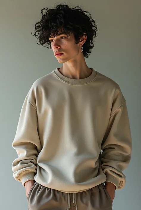  Handsome guy, curls,  black hair, oversized sweatshirt,  short shortsСерьги, веснушки на лице 