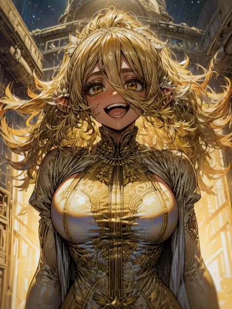 girl,   flowing golden blond hair ,  yellow eyes, golden imperial costume, neckline, anime, the background is a clear sky with t...