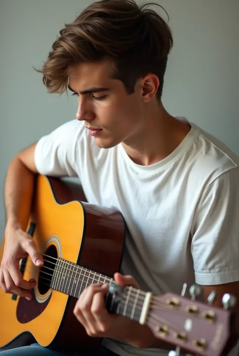 picture of a young man in a white Supri t-shirt playing guitar