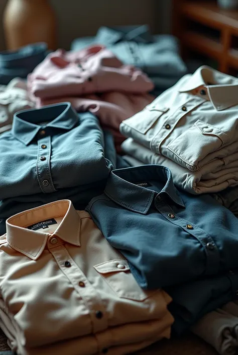 Create a photo realistic image of a pile of clothes, in particular shirts