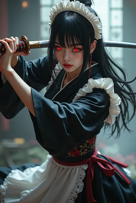 A beautiful red-eyed woman with long black hair and fighting with a Japanese sword in maid clothes