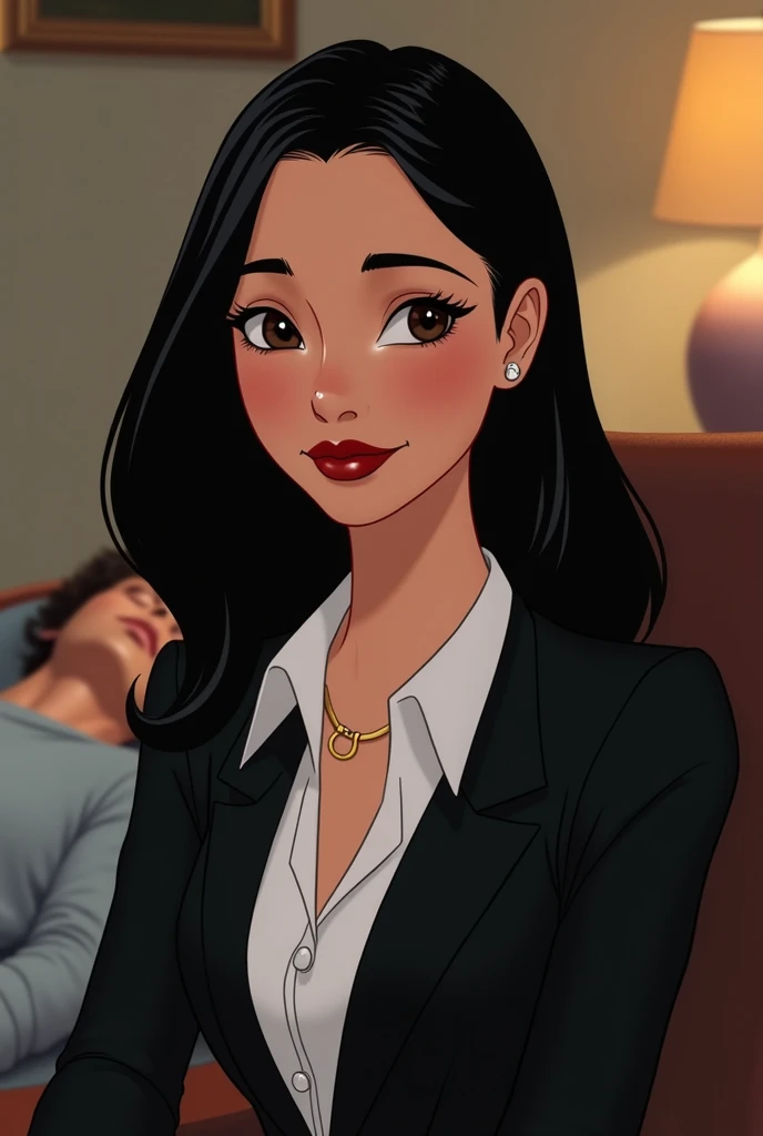 Disney style.A beautiful girl. delica face. Skinny. Full face and tapered towards the chin. Smiling. Black, long, straight hair. On this girls face there is a dark brown square. She wears discreet red lipstick. There is a horseshoe-shaped piercing in the s...