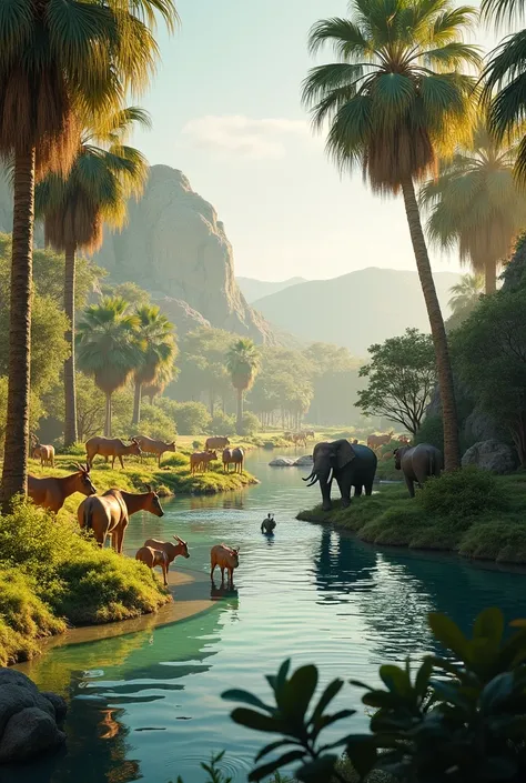 Create the image of an oasis with animals 