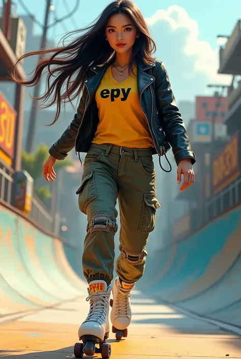 beautiful asian rambut panjang wearing yellow t-shirt with logo "EPY   ,  leather jacket and cargo pants playing roller skates dengan latar belakang arena main sketboard