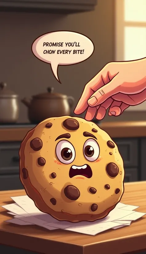 A round chocolate chip cookie with a dramatic expression, cartoon eyes, and a frown. The cookie should look like it’s lying on a napkin, with a hand reaching for it in the foreground. Add a speech bubble saying, Promise you’ll savor every bite! The backgro...