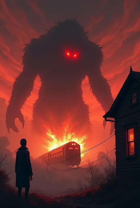 Draw me an exploding train that is blown up by a big giant monster with red eyes, red sky, black clouds and a cylinder man looking from the house next to the explosion