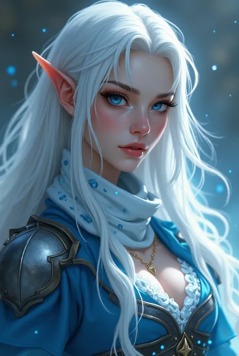 A human Therian albina , ice-blue eyes ,  long white hair , she wears an open blue blouse with part of armor, a white scarf with an ice print, she has ice powers 