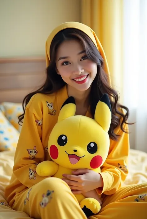  Hyper smooth realistic details photo graphy a beautiful Asian woman wearing yellow pajamas Pokemon motif , yellow hijab sitting on a mattress hugging a pokemon doll . smiling looking at the camera. 
bedroom background.  Ultra HD quality and very bright  