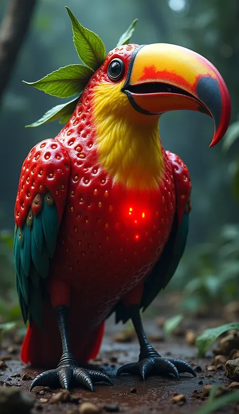 Mutant hybrid of a radioactive strawberry shaped like a roaring and furious toucan 