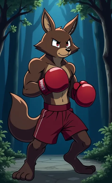 anime cartoon style, anime drawing strokes, dark brown kanguroo, dark brown fur, Long Tail, full body dark brown, dark brown belly, dark brown face, dress shorts and red boxing gloves, in the middle of the forest, night, (shirtless), showing the complete a...