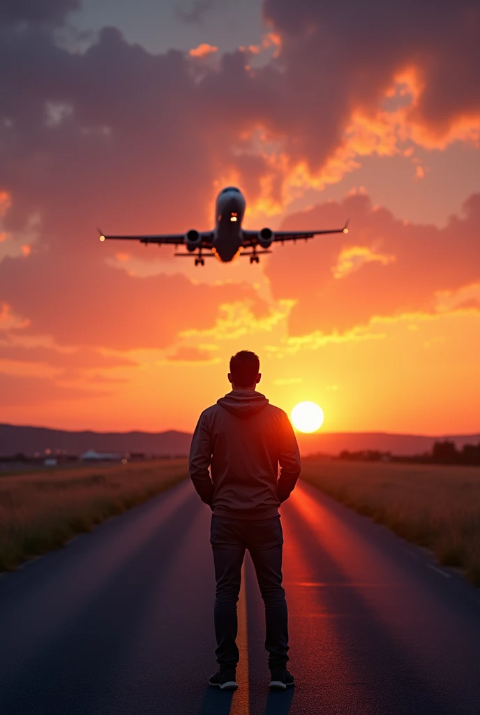  with his back , Standing on the track , watching an airplane land at dusk .  The sky is full of warm shades of orange ,  pink and purple ,  creating an impressive landscape as the sun sets on the horizon.