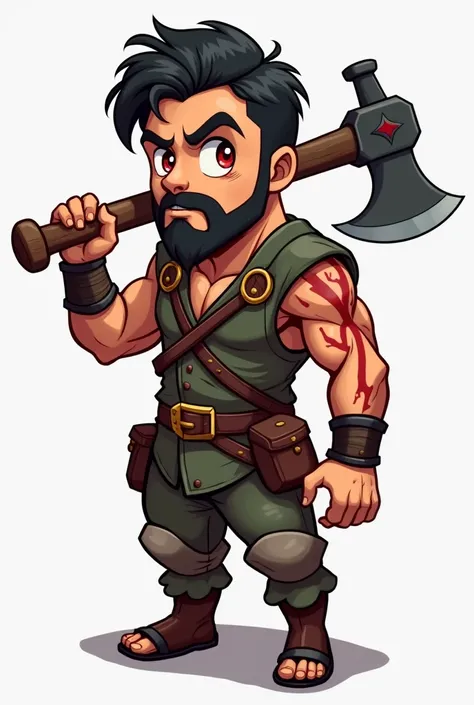 a man, tan-skinned, with scars all over his body, she wears an outfit reminiscent of an army, he carries a large hatchet on his shoulder, he has red eyes and black hair, he does not have a beard. Isometric view, chibi version