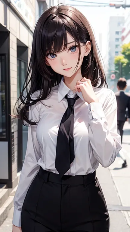 Business shirt  、Random  pose、chest up, 20-year-old woman、s lips:A sexy、Hair color: Dark brown、Translucent skin， the skin is fair 、Random Hairstyles、Medium hair、Moist eyes、Gentle eyes、、Slim and soft、Gentle look、the background is blurred ,  random eye color...