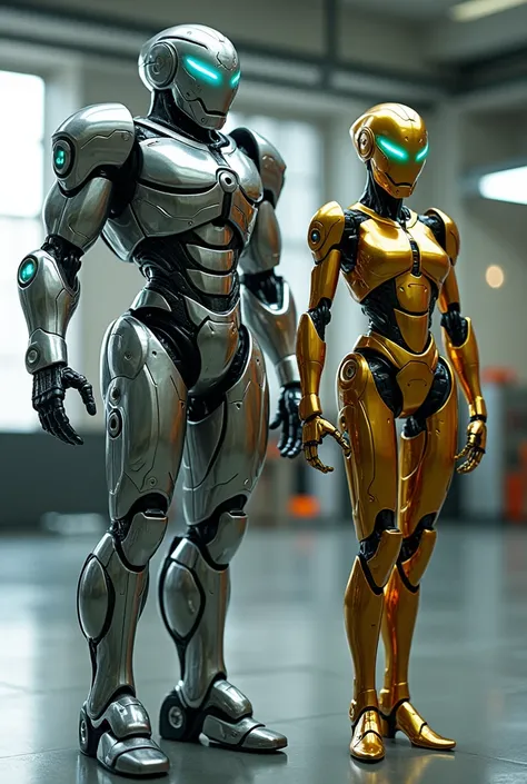 two full-body full-body ,  mini robots stand out in a high-tech setting.  The male robot is imposing ,  with a robust metallic structure ,  composed of titanium plates of a silver tone ,  that reflect light in angles .  Its mechanical muscles are visible u...