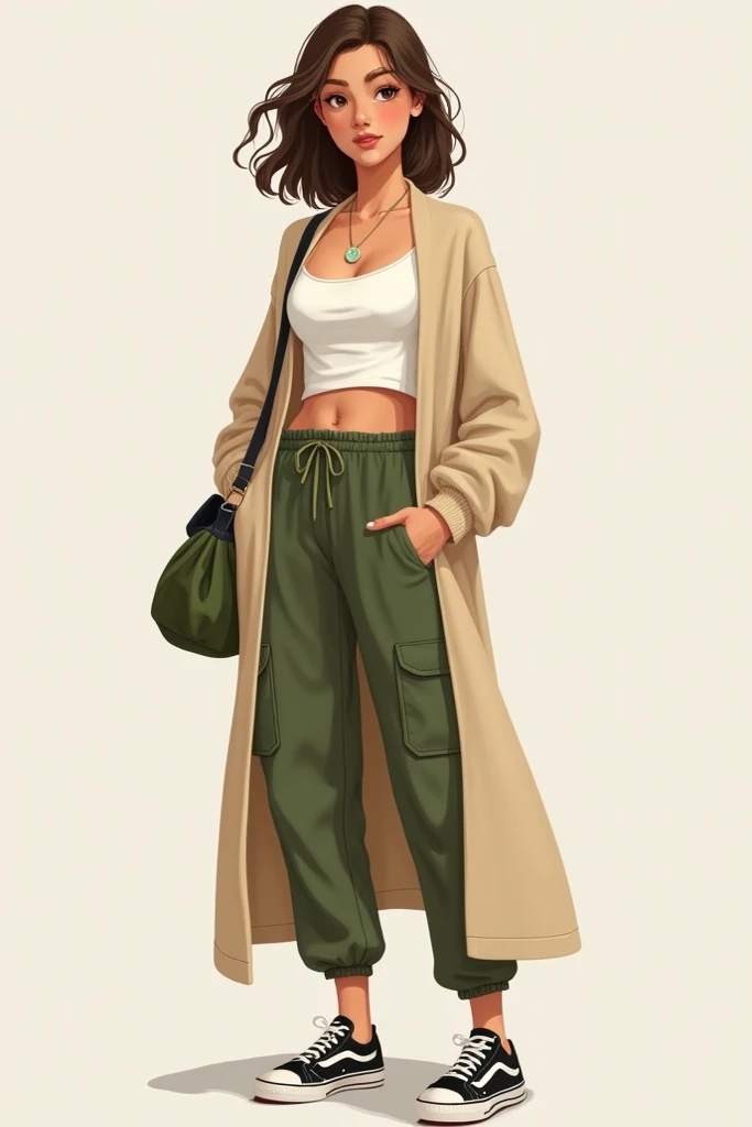  Sónica wears a white crop top with a long beige cardigan , creating a fresh and cozy look .  The olive green cargo pants and the green shoulder bag highlight her practical and natural style.  Complete her outfit with sneakers in green ,  black and white ,...