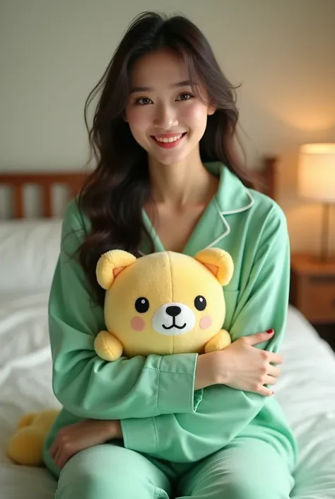  Hyper smooth realistic details photo graphy a beautiful Asian woman wearing green pajamas, sitting on a mattress hugging a keroppi doll . smiling looking at the camera. 
bedroom background.  Ultra HD quality and very bright  