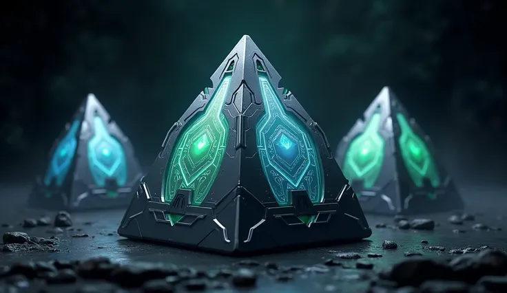 A high-resolution, detailed image of the Ben 10 alien transformation blocks. The blocks are metallic and futuristic, with intricate, glowing patterns on their surfaces. They are arranged in a dark, moody environment, with light emanating from the edges and...